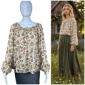 Faherty Emery Floral Smocked Peasant Blouse Size S Boho Top Cottagecore Flowy